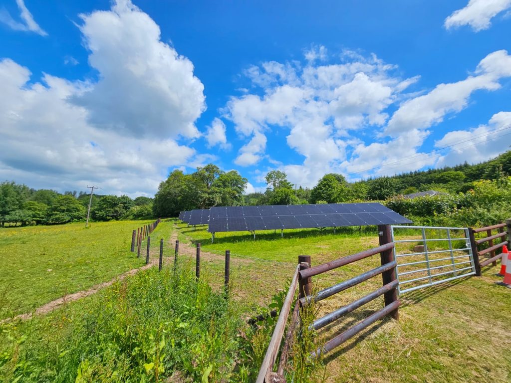 51 KW Ground Mount Solar and battery storage on sunny day at Welsh Marches in Chepstow