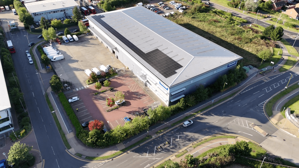 Ariel shot of 93kw Solar PV Installation at Toolbank Hatfield London
